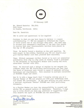 #001—Ed Headrick—Charter Member Gold Card letter—2-28-68