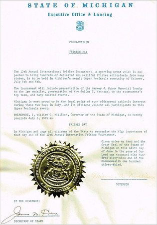 1969 Jun9—MI Governor Proclamation–Frisbeee Day