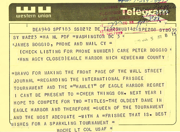 1969, 07/05—Telegram to James Boggio—WSJ Front page—Bravo from Lt. Col. Elizabeth Roche