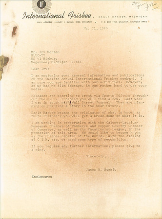 1969, 05/21—Correspondence—Jim Boggio (International Frisbee) to Irv Horton (WLUC-TV)