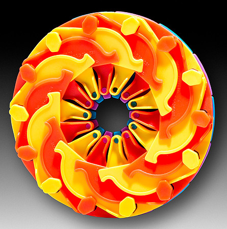 Hoberman Design—Pocket Flight Ring—Yellow, Red—Bottom, Closed