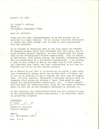 #001—Ed Headrick Letter to Bruce Gillett—October 31, 1967