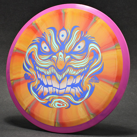 Absorb81—"Insanity"—Axiom Insanity—Orange, Yellow, Green Burst, Pink Rim—Blue, Light Blue White Art