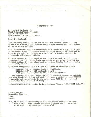 #001—Ed Headrick—IFA Charter member invitation letter
